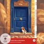 "Il cane della discordia", Illustration: Hund sitzt vor blauer Tür, Brot- und Ähren-Verzierung, herbstliche Blätter.