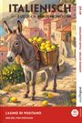 "Italienisch mit lustigen Kurzgeschichten", Illustration eines Esels mit Zitronen in malerischem Dorf.