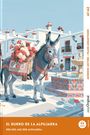 Text: "El Burro de la Alpujarra, Der Esel aus der Alpujarra." Ein Esel mit Blumen vor weißen Häusern. Illustration.