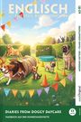 Text: "ENGLISCH MIT LUSTIGEN KURZGESCHICHTEN", "Diaries from Doggy Daycare". Illustrationen von fröhlichen Hunden auf einem Spielplatz.