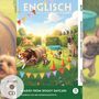 "Englisch mit lustigen Kurzgeschichten A2-B1." Hunde tollen spielerisch im Freien herum, mit Hindernissen und fröhlichen Farben.