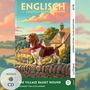 "ENGLISCH mit lustigen Kurzgeschichten" steht oben, "A2-B1" rechts. Ein Basset-Hund auf einer Mauer in einem Dorf.