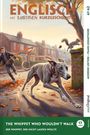 Ein Whippet zieht an der Leine, verfolgt ein Eichhörnchen auf einer herbstlichen Straße. Ein Mann folgt überrascht.