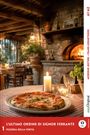 L'ULTIMO ORDINE DI SIGNOR FERRANTE. Eine Pizza, Kerzenlicht, rustikaler Tisch in gemütlicher Pizzeria mit Holzkamin.