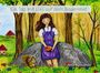 "Ein Tag mit Lisa auf dem Bauernhof". Illustration einer lächelnden Frau mit Apfel, Eichhörnchen, Bäume und Häuser im Hintergrund.