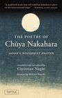 Zitat über Nakahara von Paul Perry, Titel: "The Poetry of Chūya Nakahara", darunter Übersetzer und Vorwort. Mondillustration.