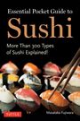 Titel: Essential Pocket Guide to Sushi. Mehr als 300 Sushi-Arten erklärt. Sushi auf schwarzem Hintergrund, Essstäbchen.