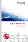"Nagasaki Electric Tramway, Tram, Smart Card" in roter Schrift, blauer abstrakter Hintergrund, Betascript Publishing-Logo.