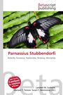 "Parnassius Stubbendorfi" in kräftigem Rot, Papillonidae, grüner Hintergrund, schwarzer Schmetterling mit roten Flecken.