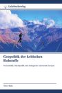 Lehrbuchverlag Logo. Titel: Geopolitik der kritischen Rohstoffe. Bergsteiger auf Seilbrücke vor Bergen.