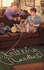 „Knitting Needles“ und „Ezra Wren“ aus Wolle geformt, zwei Personen sitzen auf einem Sofa, eine strickt, die andere trinkt Kaffee.