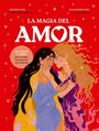 "LA MAGIA DEL AMOR" in großen Buchstaben, zwei Frauen umarmen sich innig, umgeben von Herzen. Illustration.
