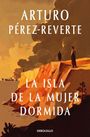 „ARTURO PÉREZ-REVERTE, LA ISLA DE LA MUJER DORMIDA“. Illustration: Zwei Personen auf einer Klippe mit rauchigem Himmel.