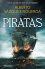 "ALBERTO VÁZQUEZ-FIGUEROA, PIRATAS, DEBOLSILLO." Ein Segelschiff in stürmischer See, Flammen schlagen daraus empor.