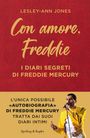 "Con amore, Freddie" von Lesley-Ann Jones. Unten ein Foto eines Sängers in gelber Jacke mit Mikrofon.