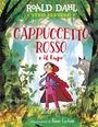 "Cappuccetto Rosso e il Lupo" in Rot, Illustration von Rotkäppchen in rotem Umhang im Wald mit Wolf im Hintergrund.
