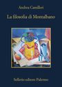 Titel: "La filosofia di Montalbano" von Andrea Camilleri. Buntes, kubistisches Stillleben mit Trauben und Flaschen.