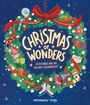 "Christmas of Wonders - 24 Stories and an Advent Calendar Kit." Illustration: Ein Weihnachtskranz mit Schleife, Elfen und Spielzeug.