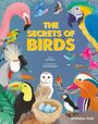 "The Secrets of Birds" in gelber Schrift, Vögel in leuchtenden Farben umgeben ein Nest mit drei blauen Eiern.
