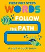 "First Felt Steps Words Follow the Path A soft-touch book." Illustration mit bunten Fischen auf gelbem Hintergrund.