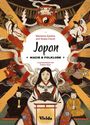 "Japan, Magie & Folklore." Illustration mit japanischen Figuren, Daruma-Puppe und traditionellen Motiven.