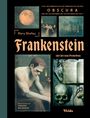 "OBSCURA, Mary Shelley, Frankenstein oder Der neue Prometheus, Illustrationen von FABIANA BELMONTE, Vivida."  
Oben Mond, unten Kreatur, rechts Buch, Schädel.