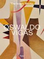 „The Iconic Works“, „OSWALDO VIGAS“. Abstrakte geometrische Formen in Brauntönen mit roten und gelben Akzenten.