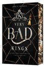 Titel: Very Bad Kings. Autor: Jane S. Wonda. Motiv: Goldene Schachfigur auf schwarzem, mit Linien verziertem Hintergrund.