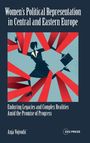 Text: "Women's Political Representation in Central and Eastern Europe" und "Enduring Legacies and Complex Realities Amid the Promise of Progress".

Beschreibung: Eine stilisierte Frau in einem Anzug kämpft sich durch rote Bänder.