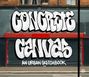 „CONCRETE CANVAS“ und „AN URBAN SKETCHBOOK“ in Graffiti-Stil, vor einem Gebäude mit rotem und grauem Hintergrund.