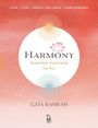 "Harmony: Essential Ayurveda for All" von Gita Ramesh. Oben "FOOD ● YOGA ● MENTAL WELLNESS ● HOME REMEDIES". Lotusblume auf rotem Hintergrund.