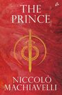 Text: "The Prince, Niccolò Machiavelli". Illustration eines goldenen Schwerts mit Lorbeerkranz auf rotem Hintergrund.