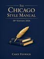 „The Chicago Style Manual, 18th Edition 2026, Casey Fenwick.“ Dunkelblauer Hintergrund, goldene Feder auf Büchern.
