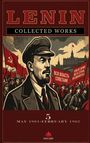 "LENIN Collected Works" steht oben. Illustration von Lenin, Fahnen, sowjetische Symbole, marschierende Menschen.