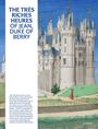 Text: "The Très Riches Heures of Jean, Duke of Berry." Illustration eines majestätischen Schlosses mit blauen Dächern.