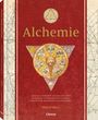 "Alchemie" steht groß in der Mitte. Unten: "Eine illustrierte Geschichte von Elixieren, Experimenten und der Geburt der modernen Wissenschaft". Illustration: Alchemiesymbole in einem Kreis.