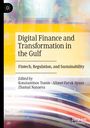 Text: "Digital Finance and Transformation in the Gulf: Fintech, Regulation, and Sustainability." Herausgebernamen folgen.

Hintergrund: Verschwommene, bunte Struktur mit einem schwarzen Symbol oben links.