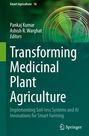 Titel: Transforming Medicinal Plant Agriculture. Fokus auf AI-Innovationen. Grüner Hintergrund mit Pflanzen-Illustration.