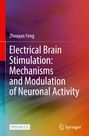 Text: "Zhouyan Feng - Electrical Brain Stimulation: Mechanisms and Modulation of Neuronal Activity - Open Access". Farbverlauf: Rot zu Blau.
