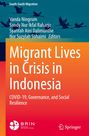 "Migrant Lives in Crisis in Indonesia" steht auf orangem Hintergrund, mit fliegenden Vögeln oben und Logos unten.