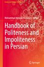 Oben: "Iranian and Persian Studies". Mitte: "Mohammad Hossein Keshavarz Editor", "Handbook of Politeness and Impoliteness in Persian". Hintergrund: Rotes, traditionelles Muster.