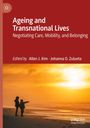 "Ageing and Transnational Lives" in Weiß auf Rot. Silhouette zweier Kinder am Strand bei Sonnenuntergang.
