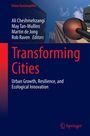 "Urban Sustainability," "Transforming Cities," "Urban Growth, Resilience, and Ecological Innovation." Hochhäuser und ein Himmel.