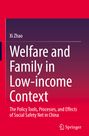 "Welfare and Family in Low-income Context", Autor: Xi Zhao. Untertitel: "The Policy Tools, Processes, and Effects of Social Safety Net in China". Ein Logo unten rechts.