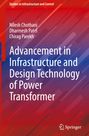 Titel: "Advancement in Infrastructure and Design Technology of Power Transformer." Autoren: Nilesh Chothani, Dharmesh Patel, Chirag Parekh. Rotes und blaues geometrisches Design.