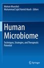 Blauer Hintergrund, Buchcover: "Human Microbiome: Techniques, Strategies, and Therapeutic Potential." Logo unten: Springer.