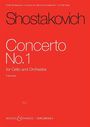 Text: "Shostakovich, Concerto No. 1 for Cello and Orchestra, Full score." Rotes Cover mit schlichtem Design.