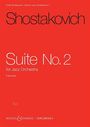 "Oberer Text: Shostakovich. Mittig: Suite No. 2 for Jazz Orchestra, Full score. Roter Hintergrund."