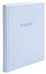 Hellblaues Buch mit handschriftlichem Text "Gingko, Angel, Glock" auf dem Umschlag.