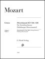 "Mozart. Divertimenti KV 136–138 für Streichorchester. G. Henle Verlag. Logo mit Buchstaben 'H' und 'J'."